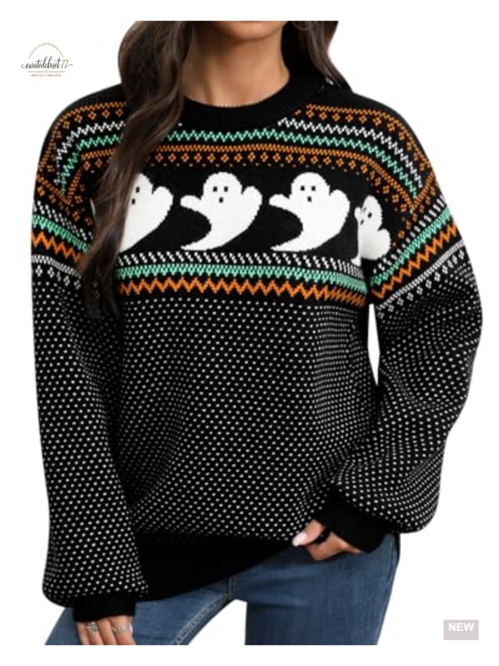 Halloween Crew Neck Lantern Sleeve Knit Sweater Pullover Loose Fit